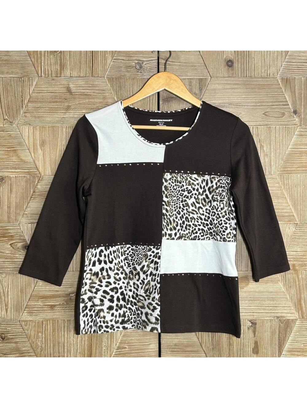 Allison Daley Brown Leopard Animal Print Colorblock Top 3/4 Sleeve PS Bohochic